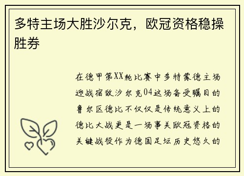 多特主场大胜沙尔克，欧冠资格稳操胜券